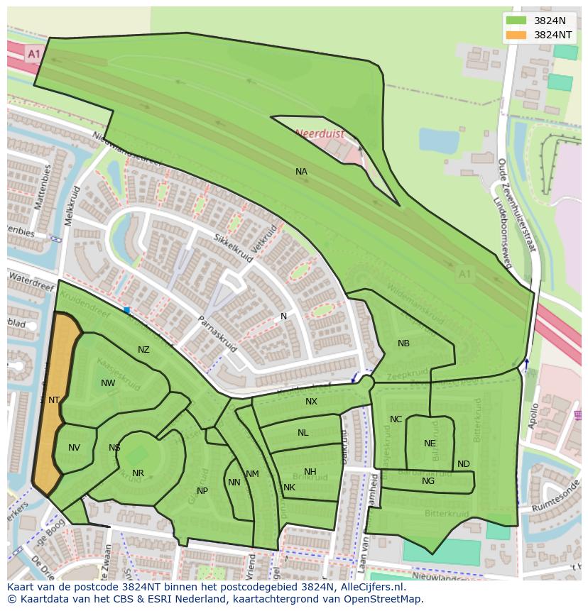 Afbeelding van het postcodegebied 3824 NT op de kaart.
