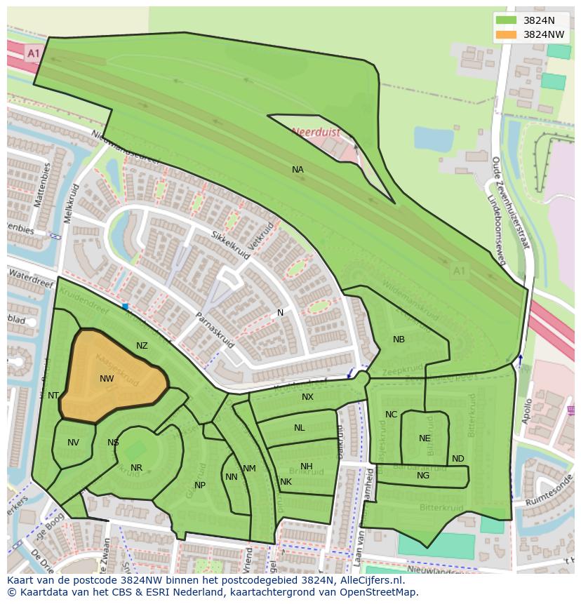 Afbeelding van het postcodegebied 3824 NW op de kaart.