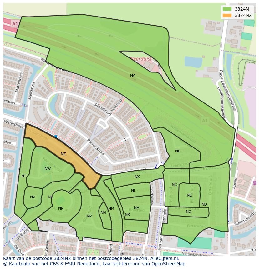 Afbeelding van het postcodegebied 3824 NZ op de kaart.