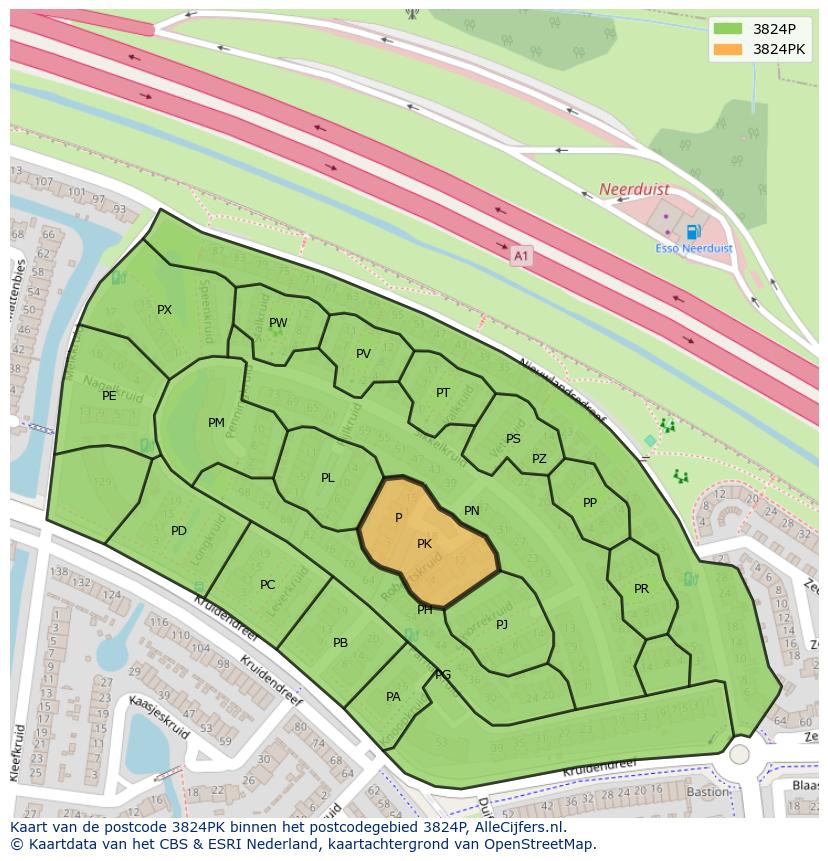 Afbeelding van het postcodegebied 3824 PK op de kaart.