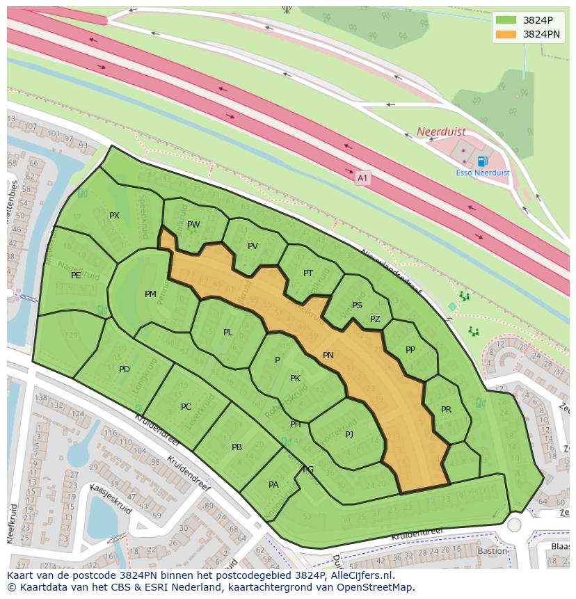 Afbeelding van het postcodegebied 3824 PN op de kaart.