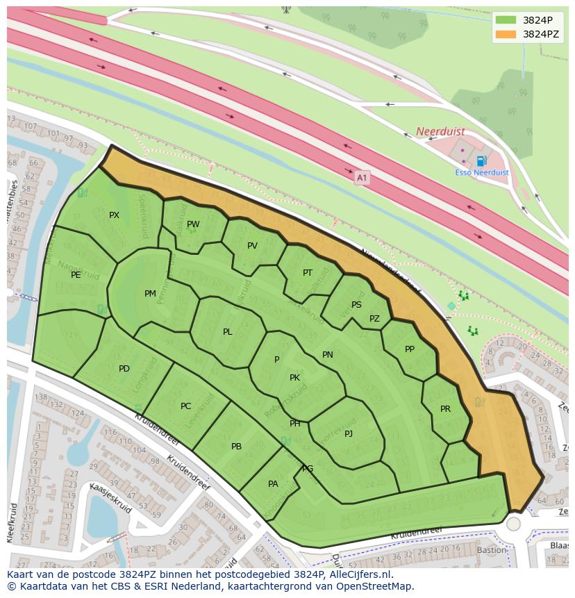 Afbeelding van het postcodegebied 3824 PZ op de kaart.