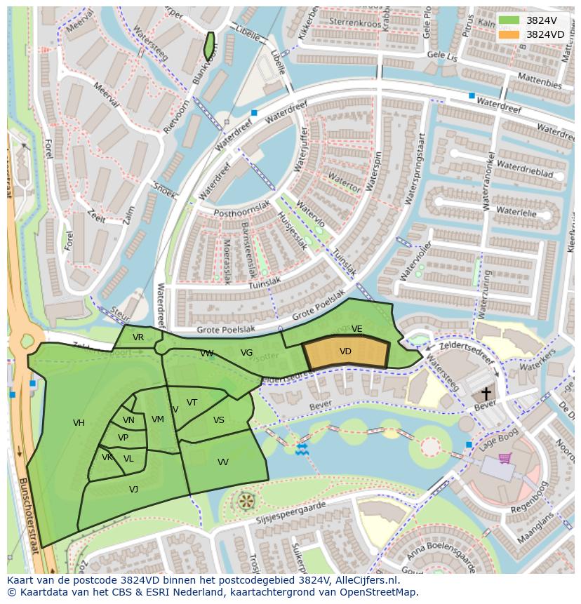 Afbeelding van het postcodegebied 3824 VD op de kaart.