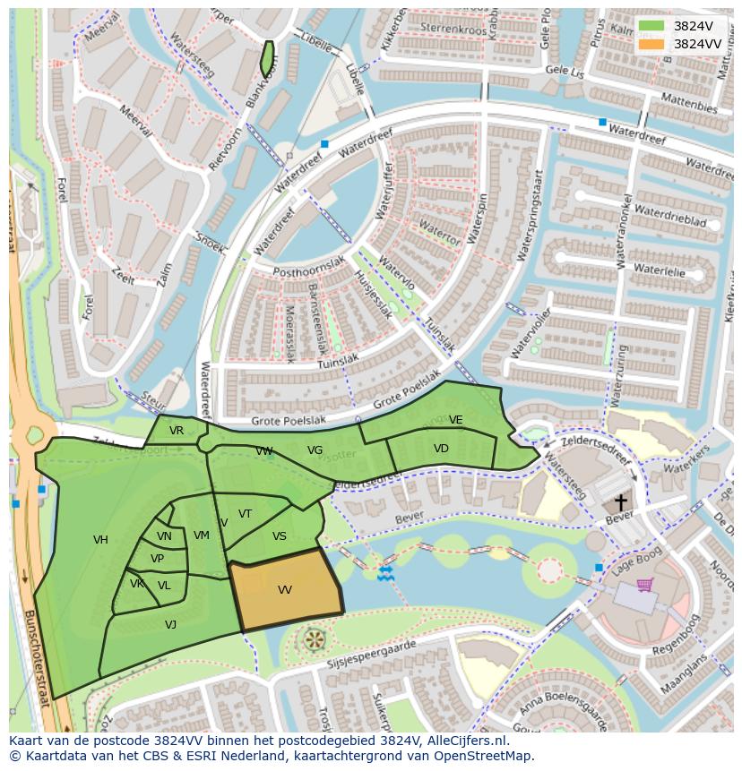 Afbeelding van het postcodegebied 3824 VV op de kaart.