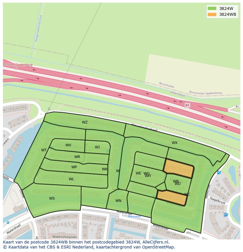 Afbeelding van het postcodegebied 3824 WB op de kaart.