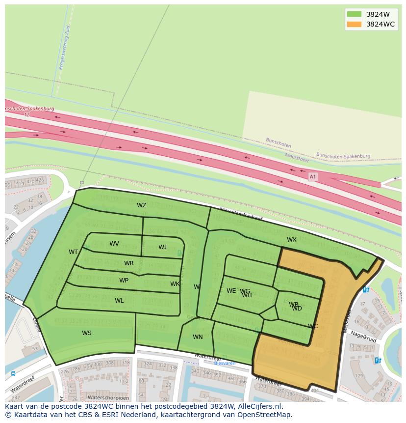 Afbeelding van het postcodegebied 3824 WC op de kaart.