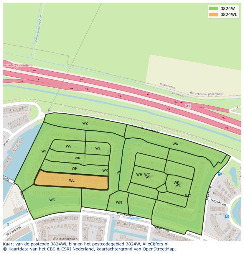 Afbeelding van het postcodegebied 3824 WL op de kaart.