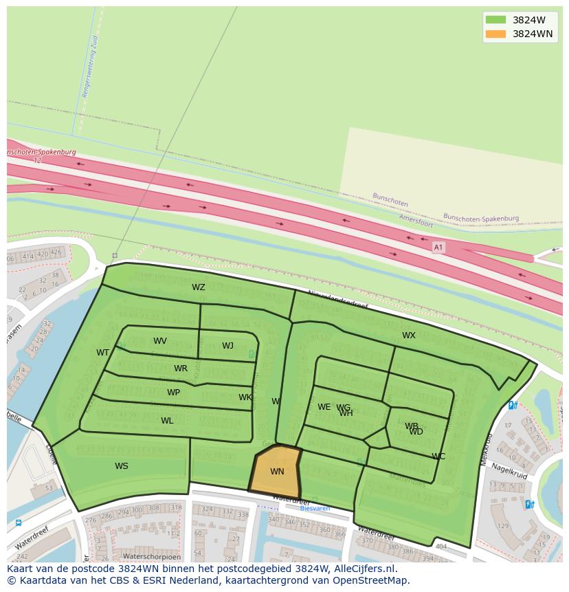 Afbeelding van het postcodegebied 3824 WN op de kaart.