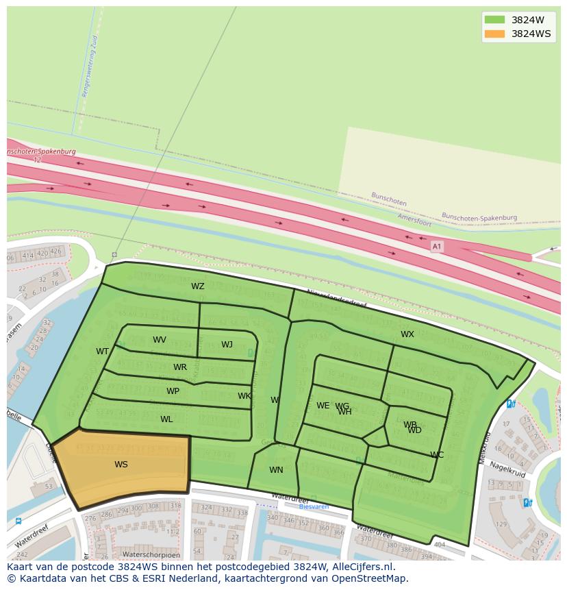 Afbeelding van het postcodegebied 3824 WS op de kaart.