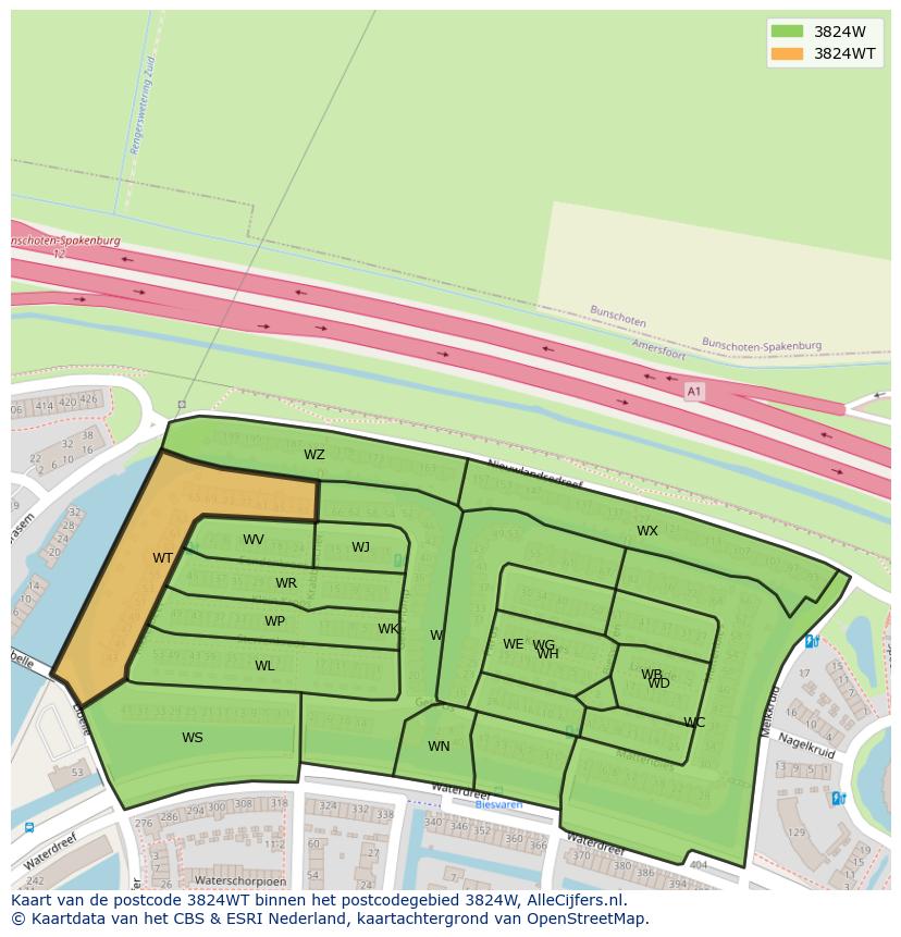 Afbeelding van het postcodegebied 3824 WT op de kaart.