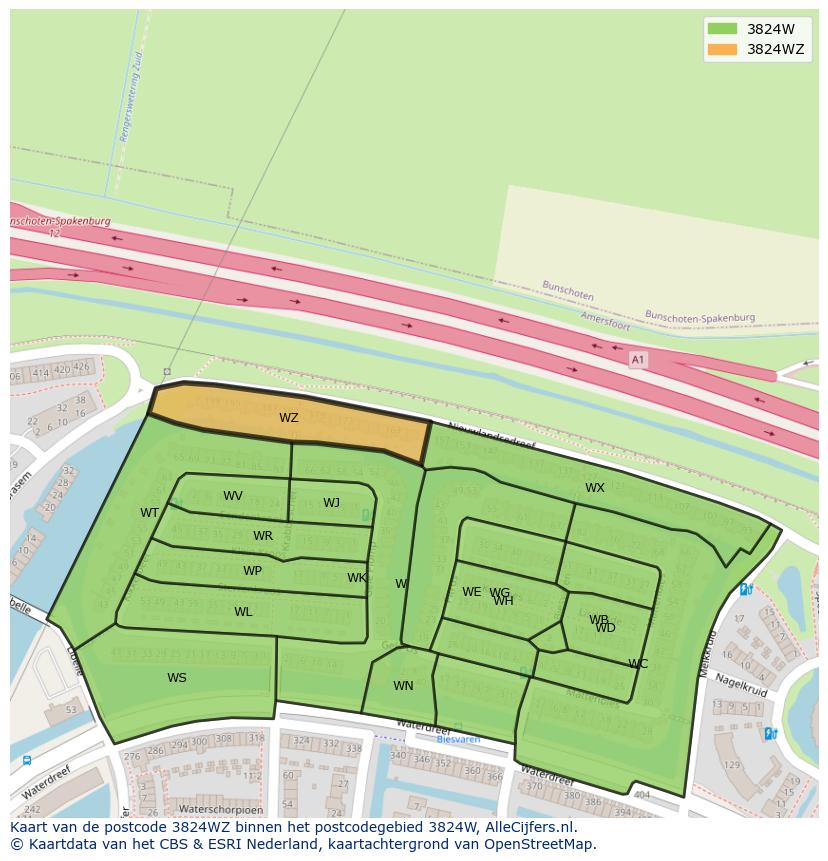 Afbeelding van het postcodegebied 3824 WZ op de kaart.