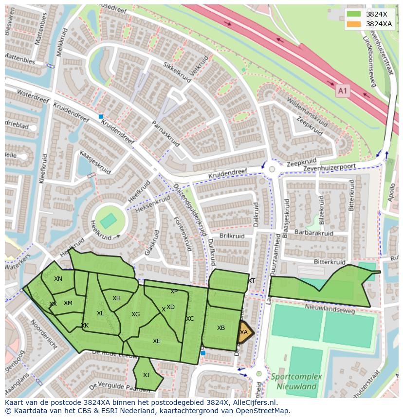 Afbeelding van het postcodegebied 3824 XA op de kaart.