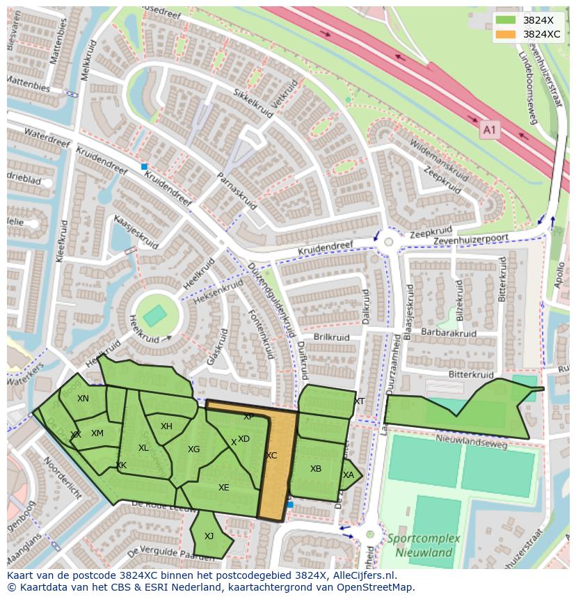 Afbeelding van het postcodegebied 3824 XC op de kaart.
