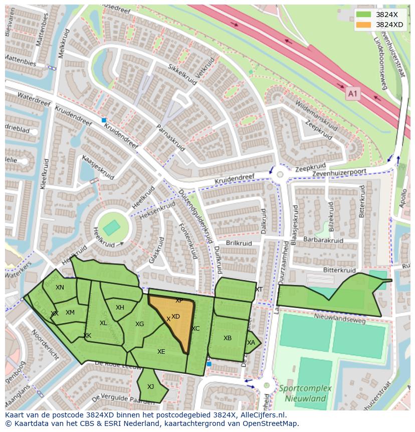 Afbeelding van het postcodegebied 3824 XD op de kaart.