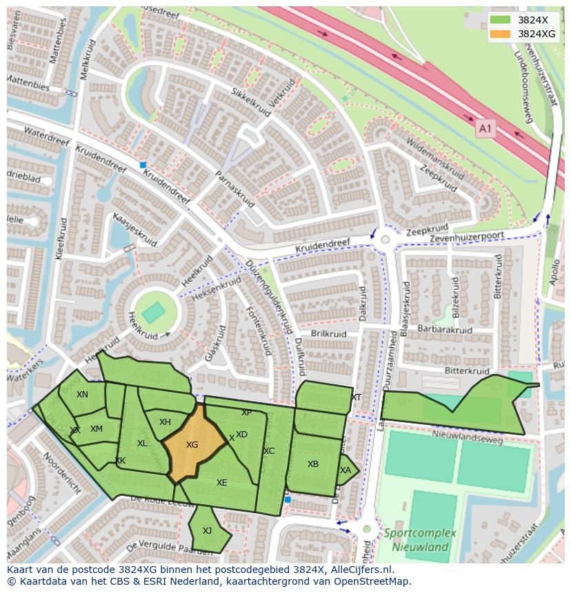 Afbeelding van het postcodegebied 3824 XG op de kaart.