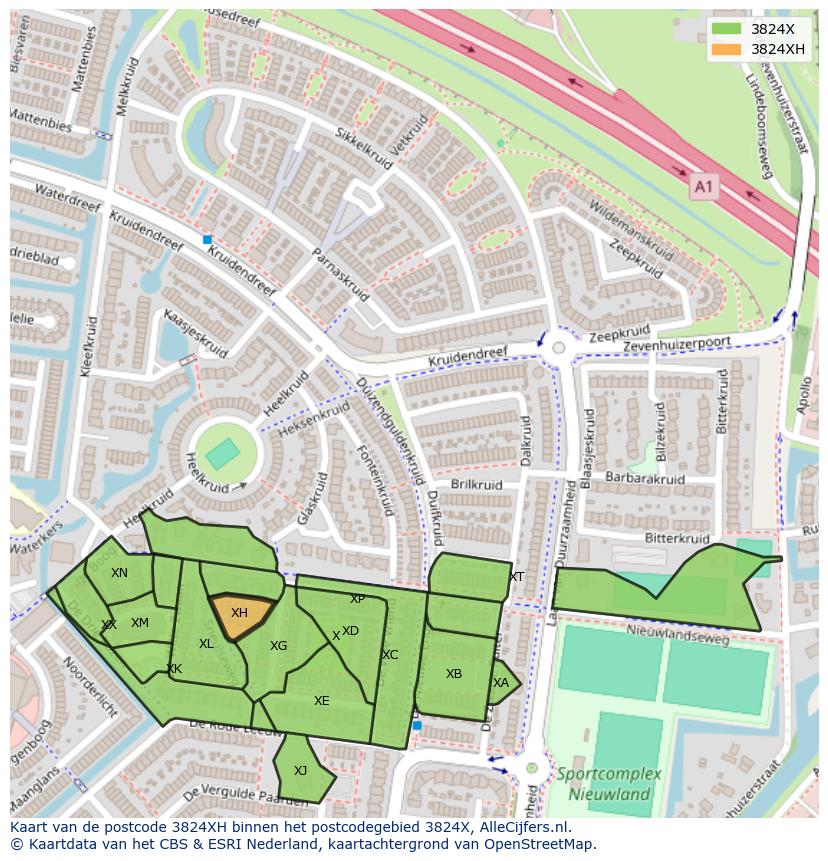 Afbeelding van het postcodegebied 3824 XH op de kaart.