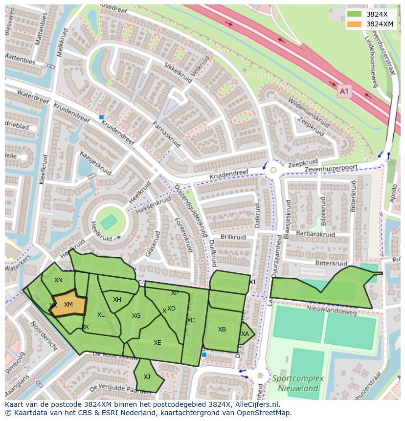 Afbeelding van het postcodegebied 3824 XM op de kaart.