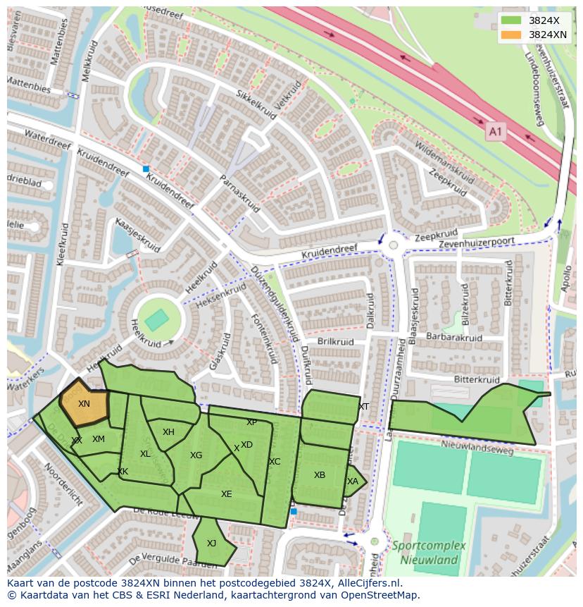 Afbeelding van het postcodegebied 3824 XN op de kaart.