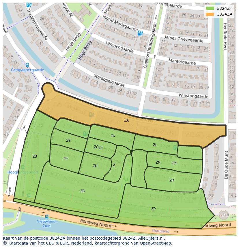 Afbeelding van het postcodegebied 3824 ZA op de kaart.