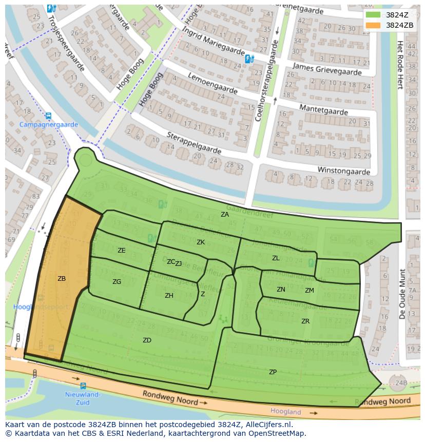 Afbeelding van het postcodegebied 3824 ZB op de kaart.