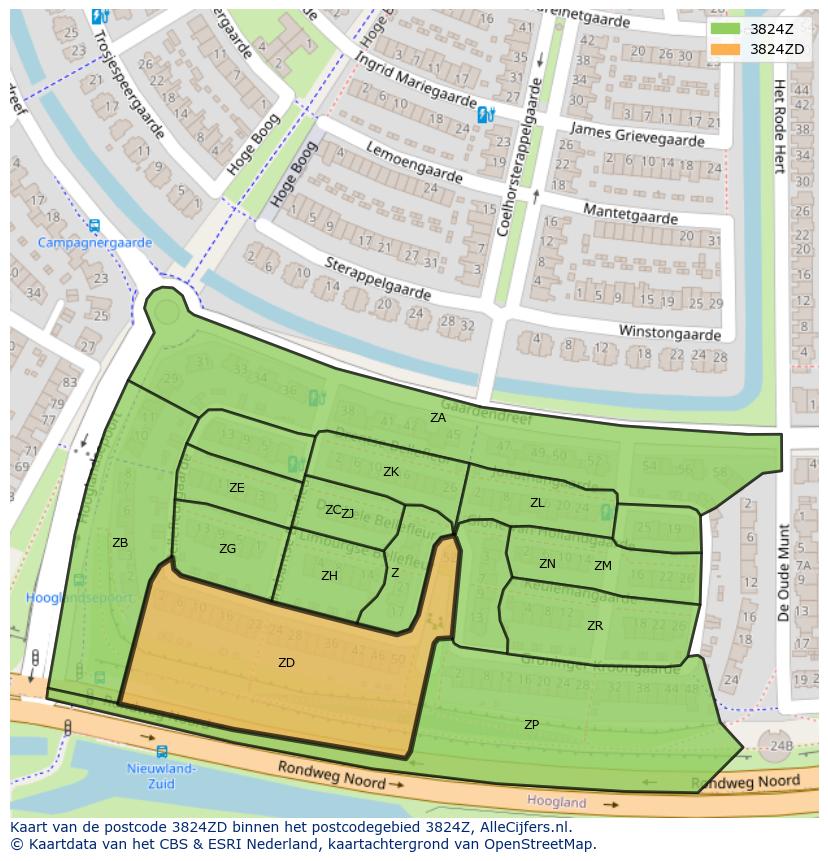 Afbeelding van het postcodegebied 3824 ZD op de kaart.