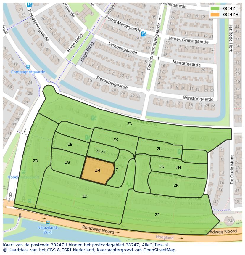 Afbeelding van het postcodegebied 3824 ZH op de kaart.