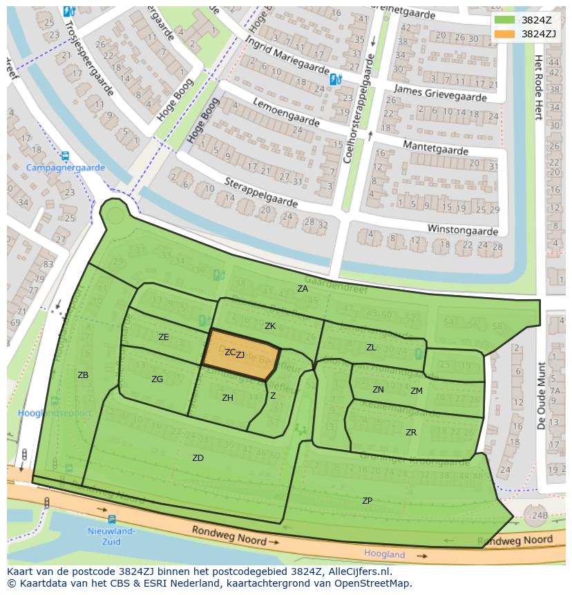 Afbeelding van het postcodegebied 3824 ZJ op de kaart.