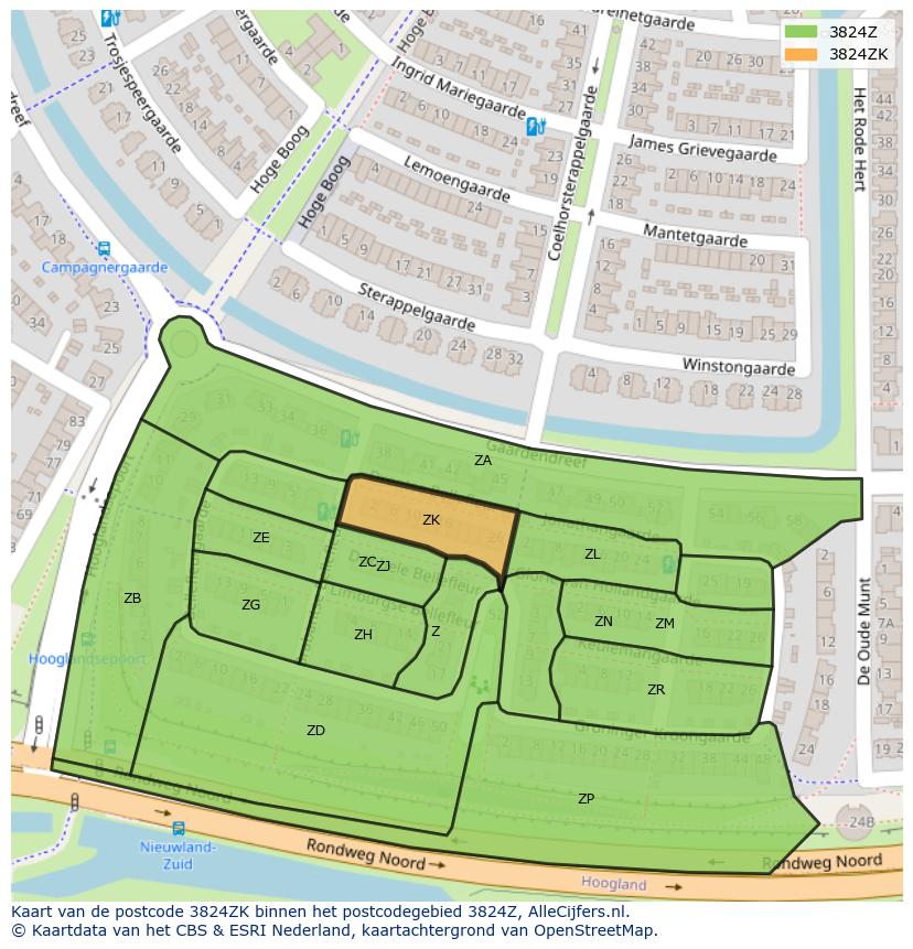 Afbeelding van het postcodegebied 3824 ZK op de kaart.