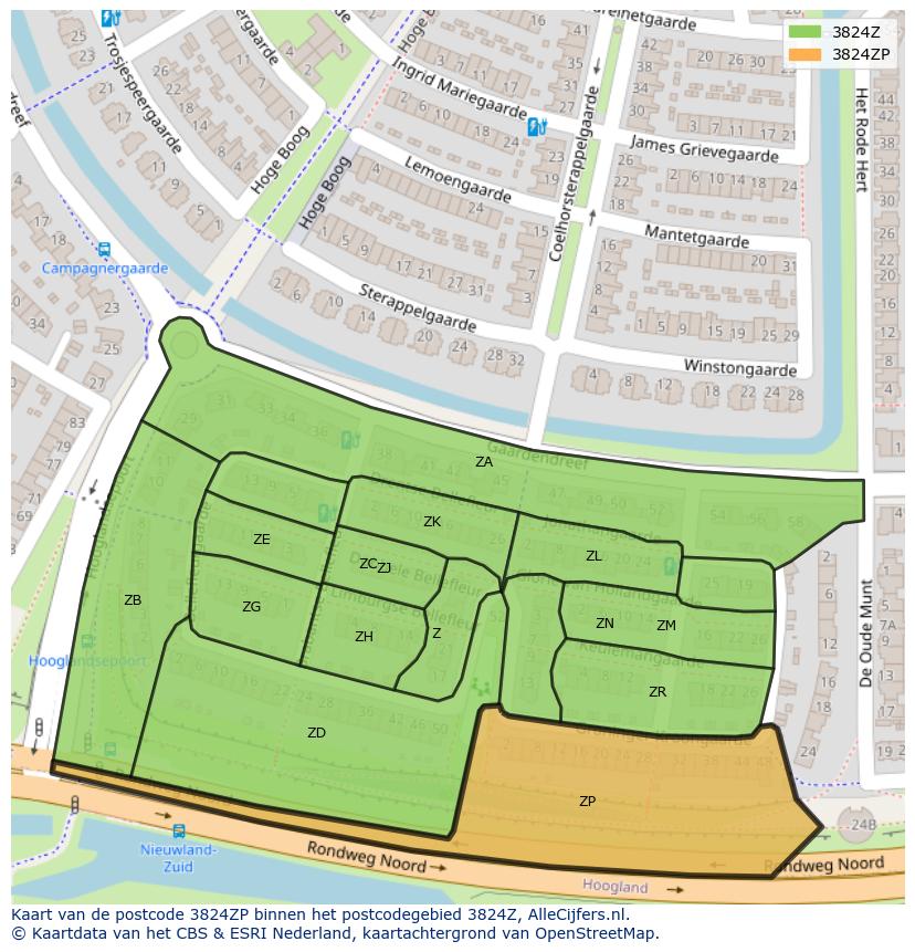 Afbeelding van het postcodegebied 3824 ZP op de kaart.