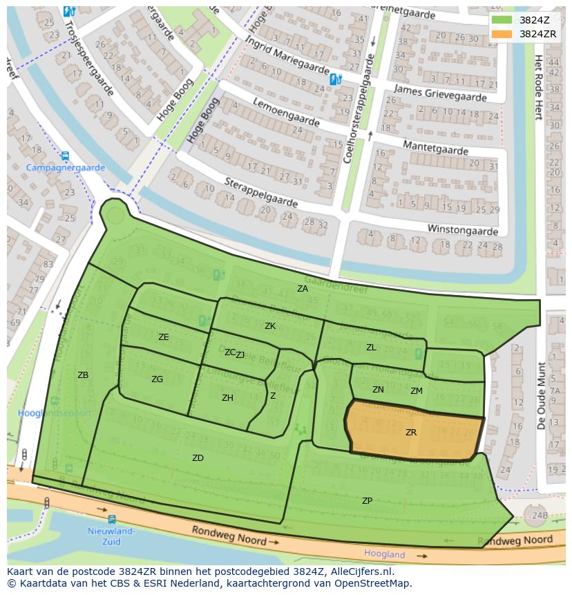 Afbeelding van het postcodegebied 3824 ZR op de kaart.