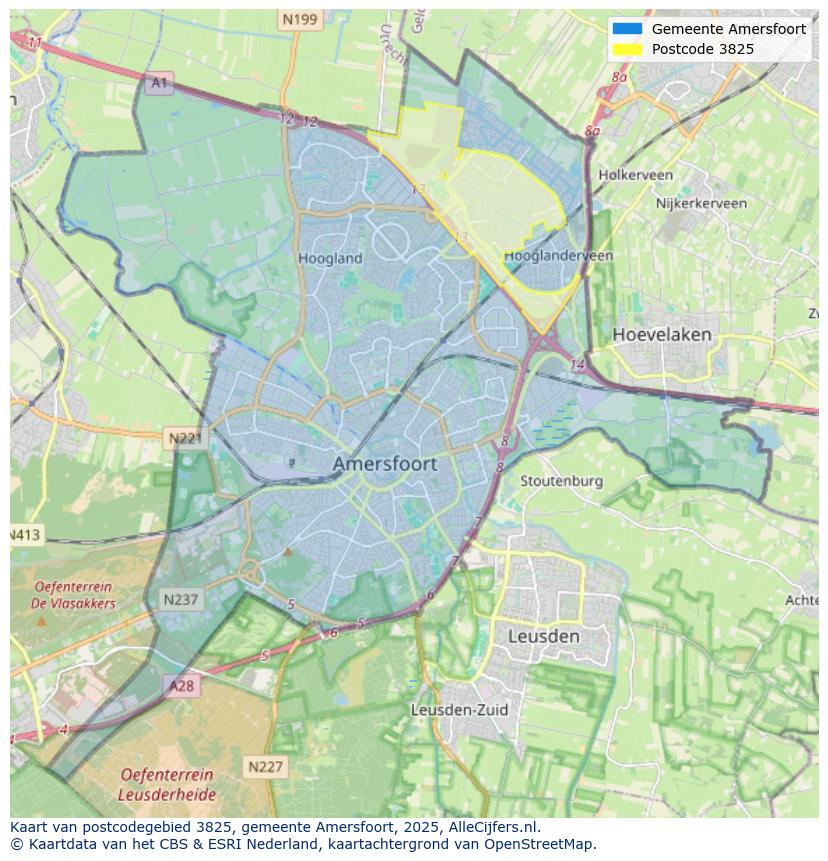 Afbeelding van het postcodegebied 3825 op de kaart.