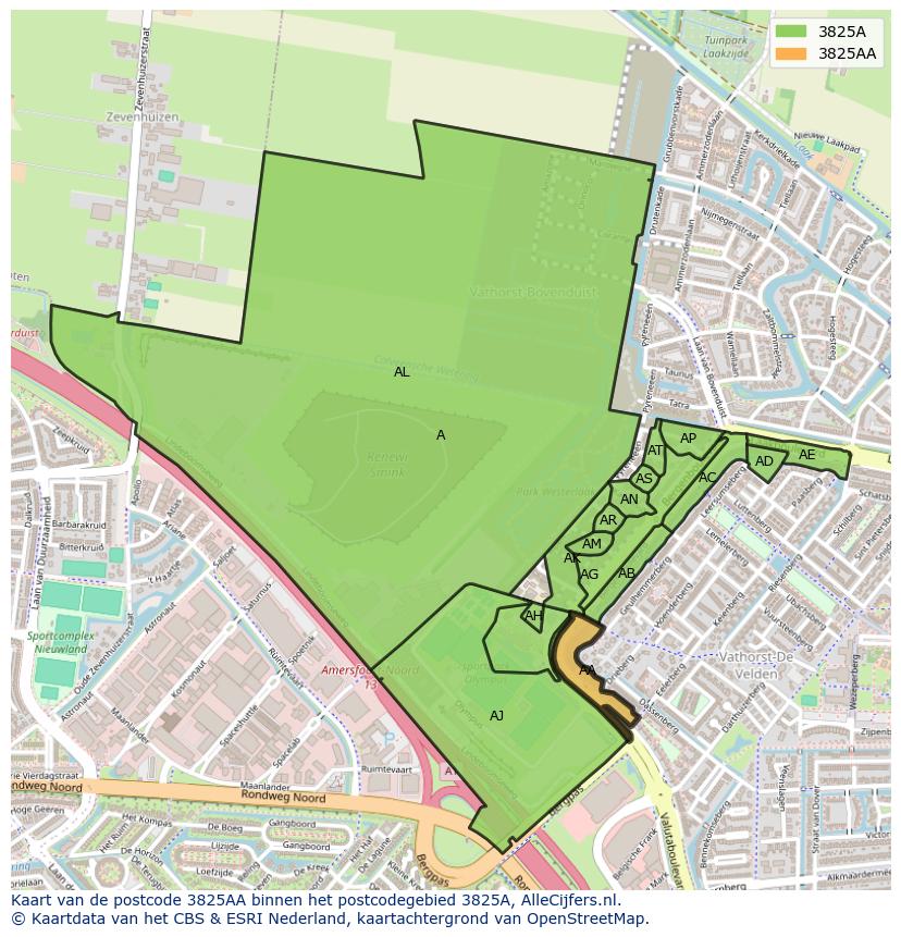 Afbeelding van het postcodegebied 3825 AA op de kaart.