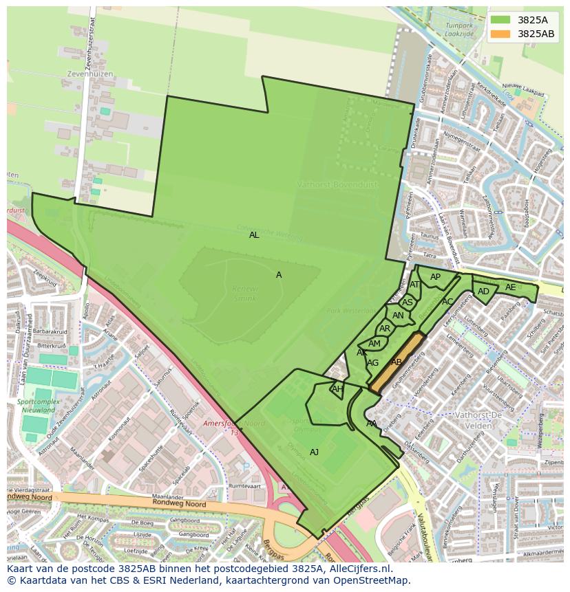 Afbeelding van het postcodegebied 3825 AB op de kaart.