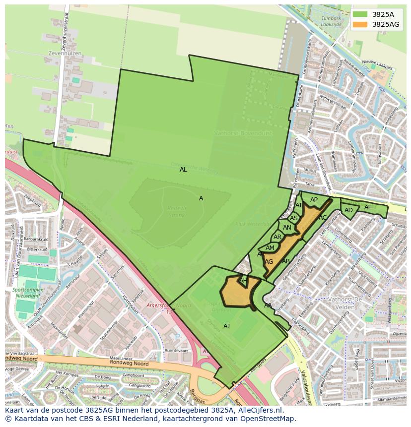 Afbeelding van het postcodegebied 3825 AG op de kaart.