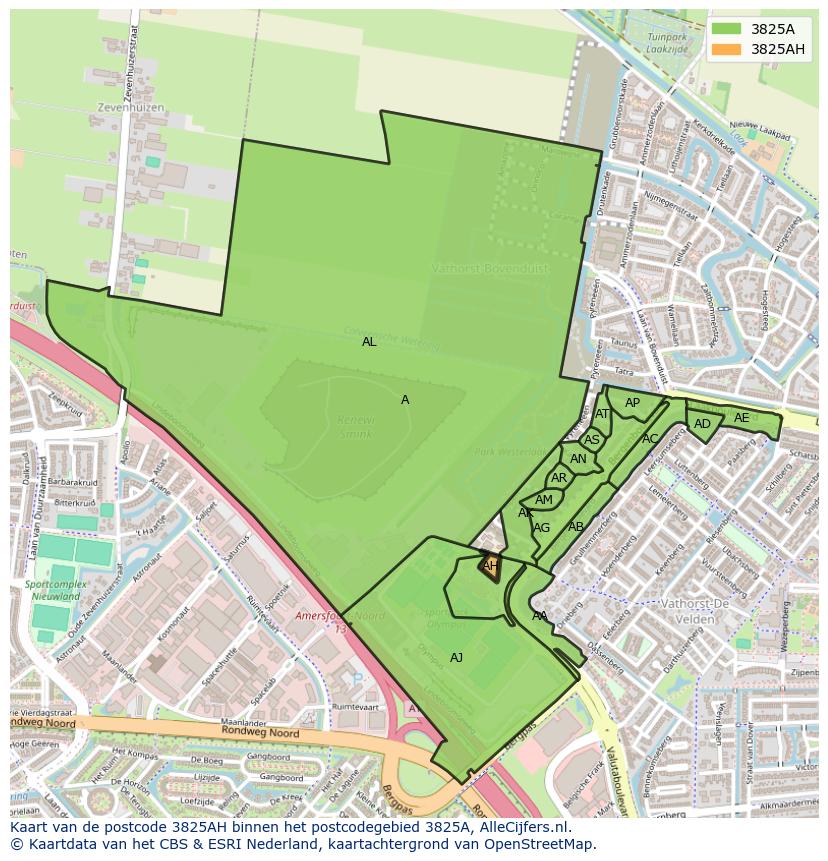 Afbeelding van het postcodegebied 3825 AH op de kaart.