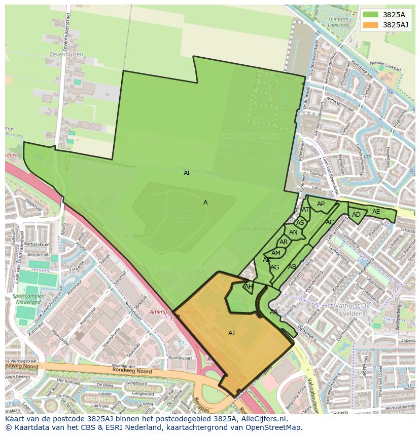 Afbeelding van het postcodegebied 3825 AJ op de kaart.