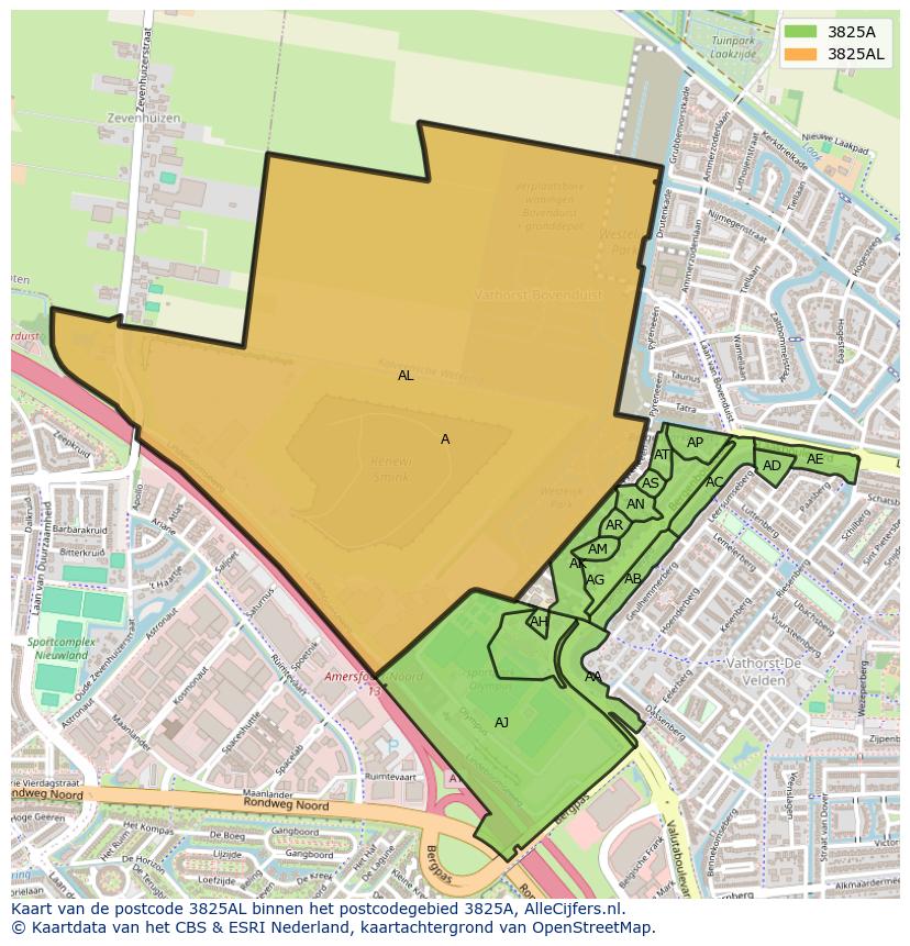 Afbeelding van het postcodegebied 3825 AL op de kaart.