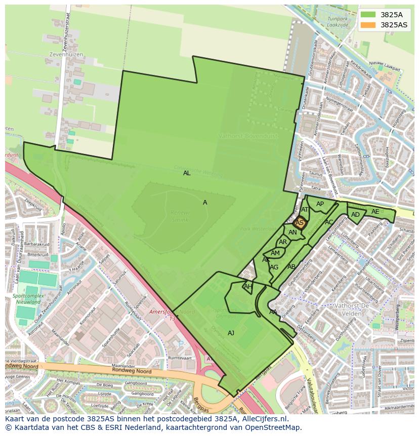 Afbeelding van het postcodegebied 3825 AS op de kaart.