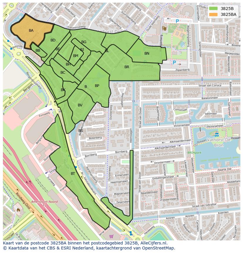 Afbeelding van het postcodegebied 3825 BA op de kaart.