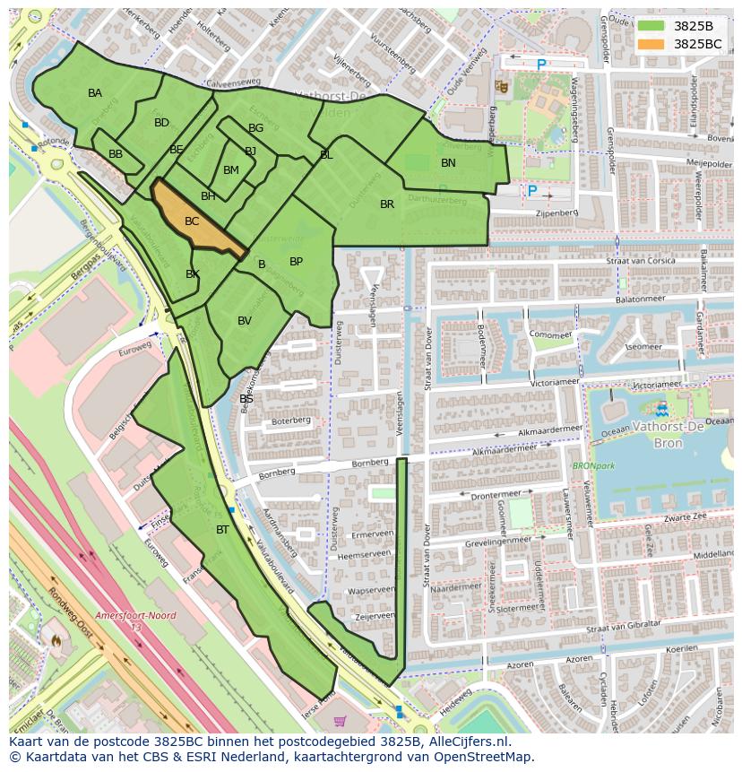 Afbeelding van het postcodegebied 3825 BC op de kaart.