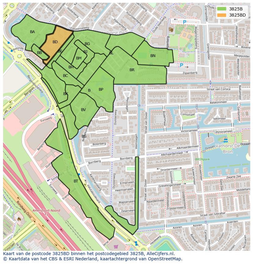 Afbeelding van het postcodegebied 3825 BD op de kaart.