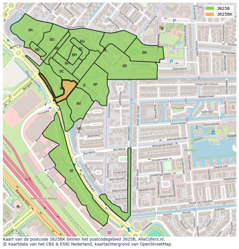 Afbeelding van het postcodegebied 3825 BK op de kaart.