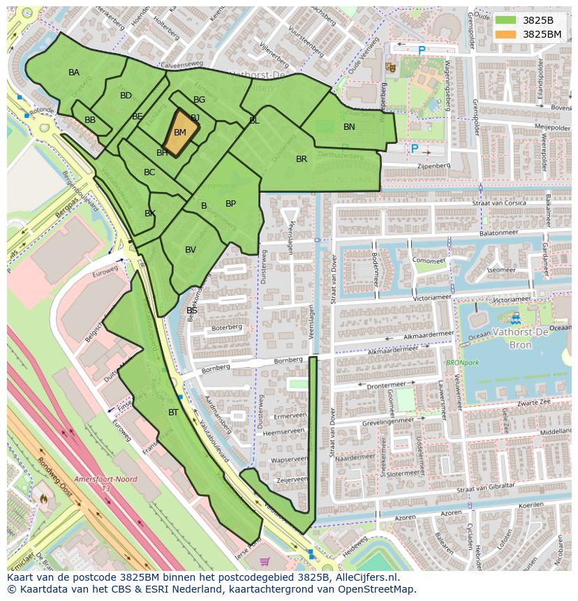 Afbeelding van het postcodegebied 3825 BM op de kaart.