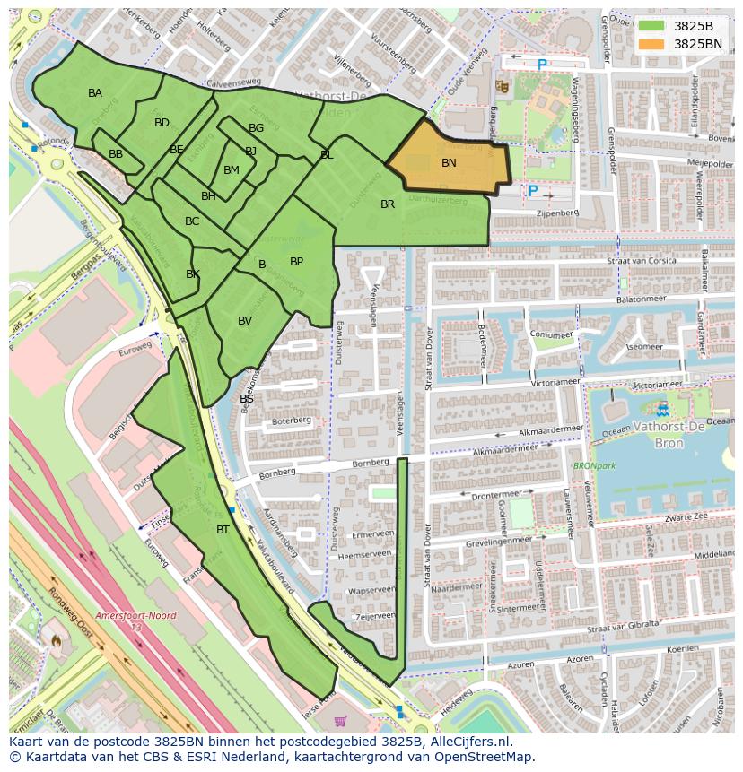 Afbeelding van het postcodegebied 3825 BN op de kaart.