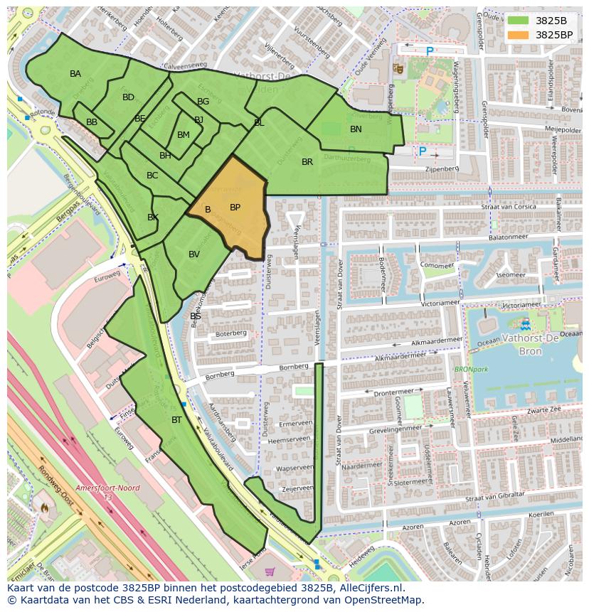 Afbeelding van het postcodegebied 3825 BP op de kaart.