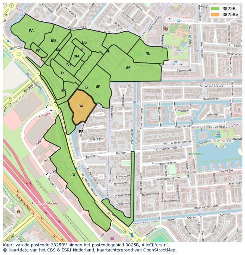 Afbeelding van het postcodegebied 3825 BV op de kaart.