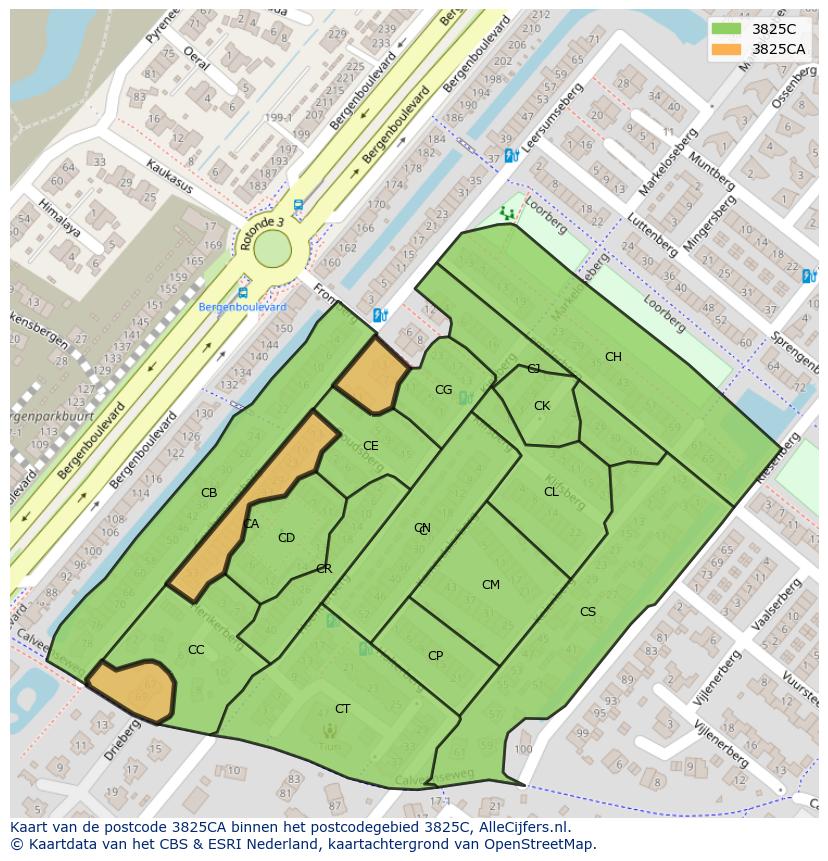 Afbeelding van het postcodegebied 3825 CA op de kaart.