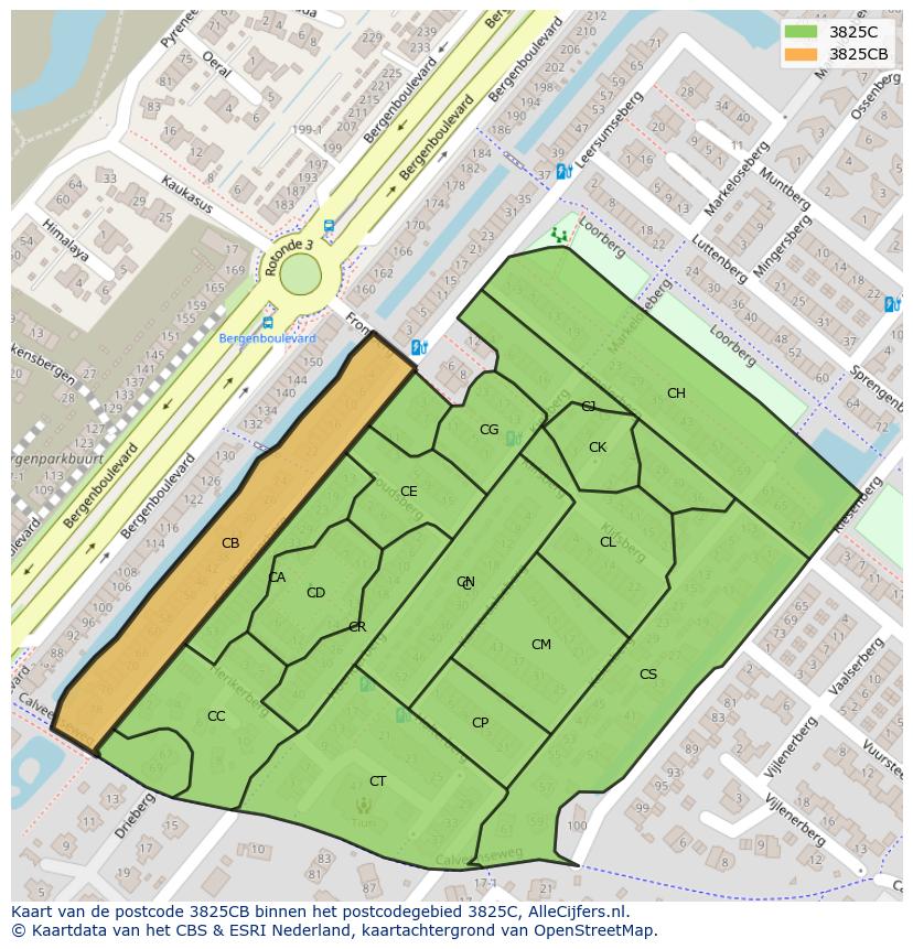 Afbeelding van het postcodegebied 3825 CB op de kaart.