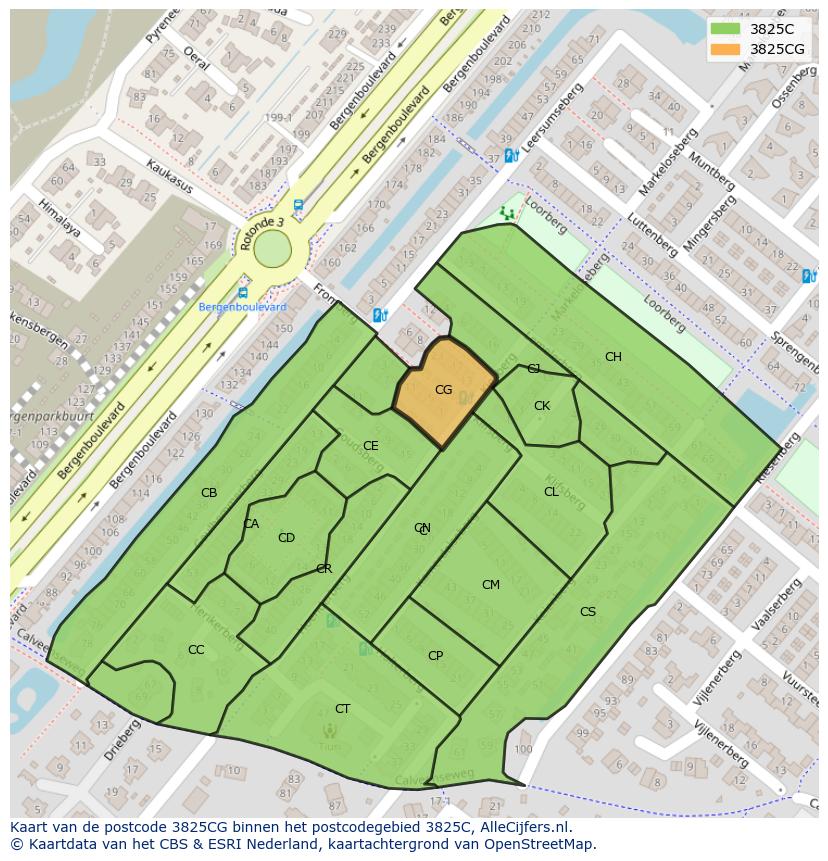 Afbeelding van het postcodegebied 3825 CG op de kaart.