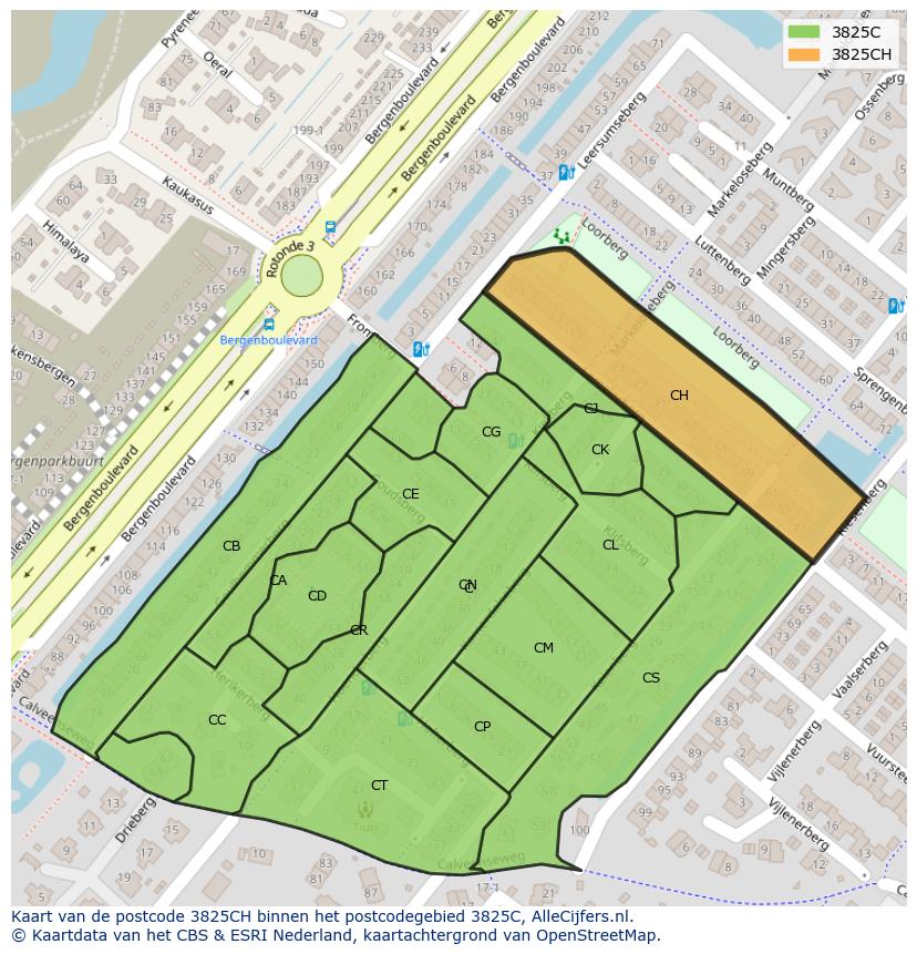 Afbeelding van het postcodegebied 3825 CH op de kaart.